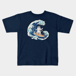 Funny Retro Surfing Sushi Cat Riding a Great Wave Kids T-Shirt